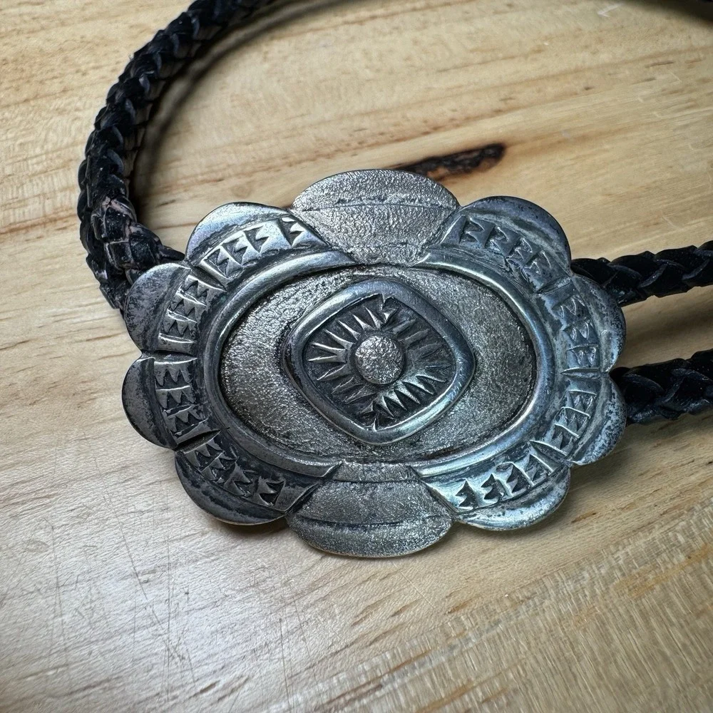 Vintage Southwestern Sun Bolo Tie JS Marked Silver‎ Concho Leather Cord Western